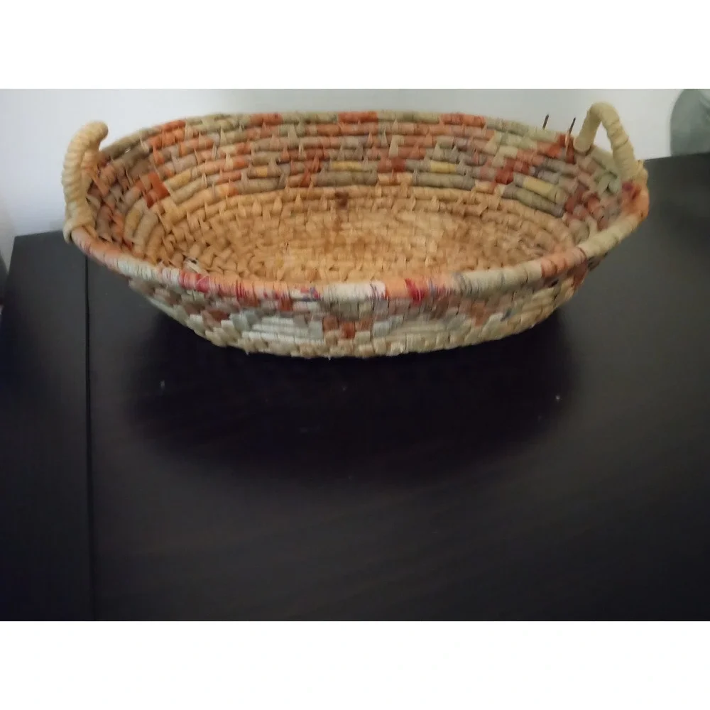 Woven Straw Oval Basket with‎ Handles Natural Orange Green Boho Decor